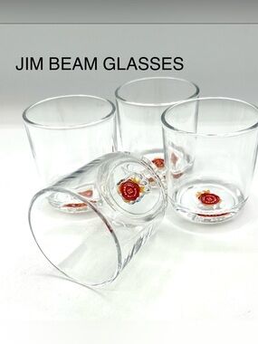 4 Jim Beam Whiskey Glasses, with emblem embedded in the bottom of the glass.